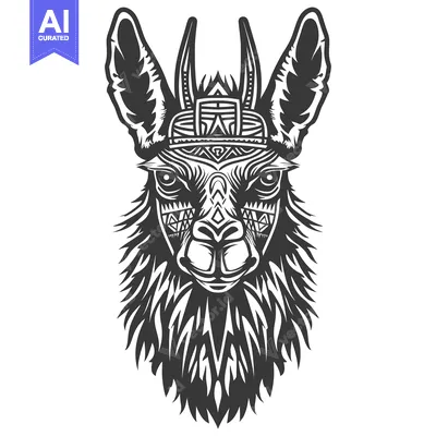 Black and White Tribal Llama Head with Detailed Patterns