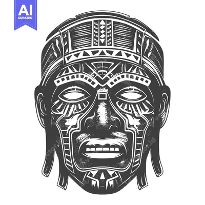 Premium design asset: Black and White Tribal Mask with Geometric Patterns