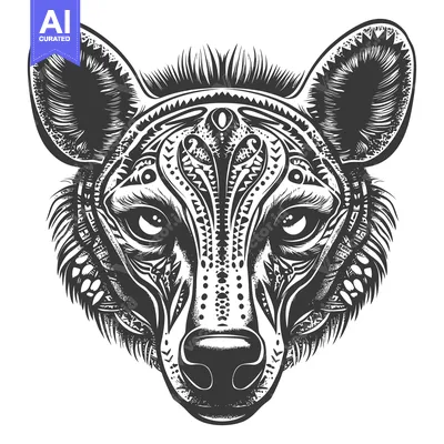 Aset desain premium: Black and White Tribal Patterned Hyena Head