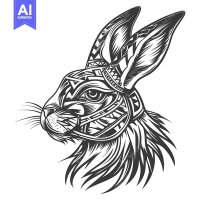 Aset desain premium: Black and White Tribal Tattoo Design of a Rabbit's Head
