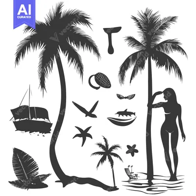 Aset premium populer: Black and White Tropical Paradise with Palm Trees and Silhouettes