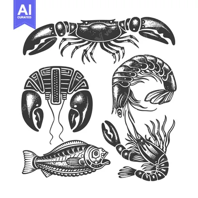 Aset premium populer: Black and White Vintage Illustration of Various Seafood