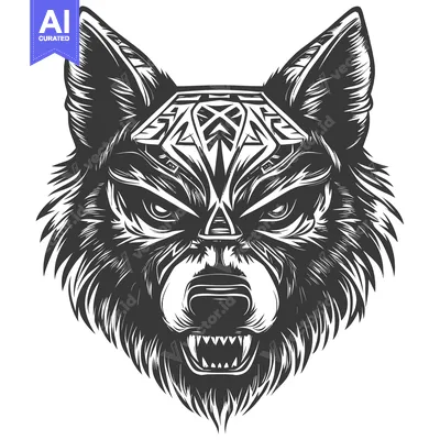 Aset premium populer: Black and White Wolf Head with Intricate Geometric Pattern on Forehead