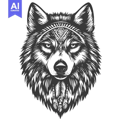 Aset premium populer: Black and White Wolf Head with Tribal Pattern and Third Eye