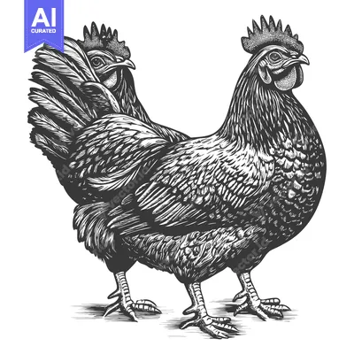 Aset desain premium: Black and White Woodcut Illustration of a Rooster