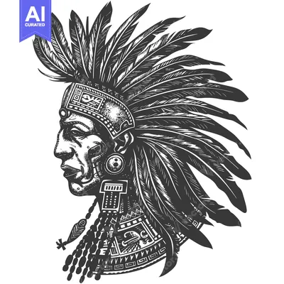 Aset desain premium: Black and white woodcut style illustration of a Native American chief
