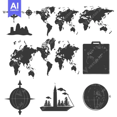 Premium design asset: Black and White World Map and Travel Icons