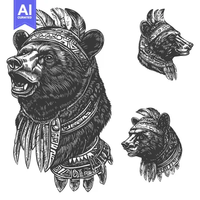 Aset premium populer: Black Bear Heads in Traditional Native American Headdresses
