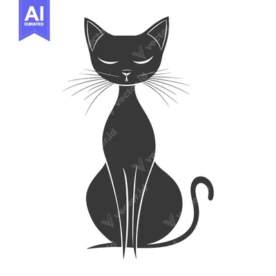Premium design asset: A stylized illustration depicting a seated black cat on a white backgr