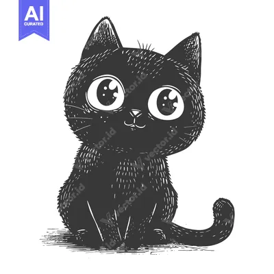 Aset desain premium: Black Cat with Big Eyes Sitting and Looking Up