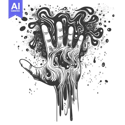 Aset premium populer: Black Ink Spilling from an Upraised Hand with Abstract Background