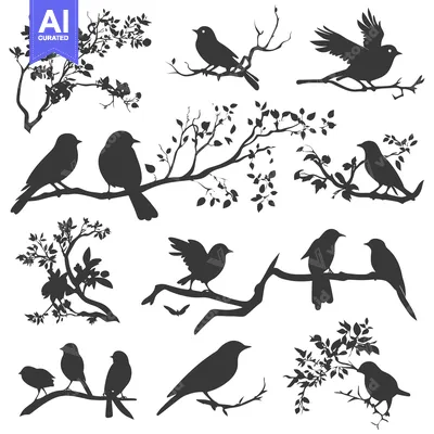 Aset desain premium: Black Silhouette Birds Perched on Branches with Leaves