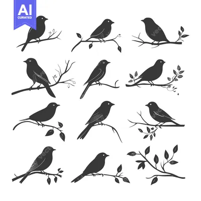 Aset premium populer: Black Silhouettes of Birds Perched on Branches with Leaves