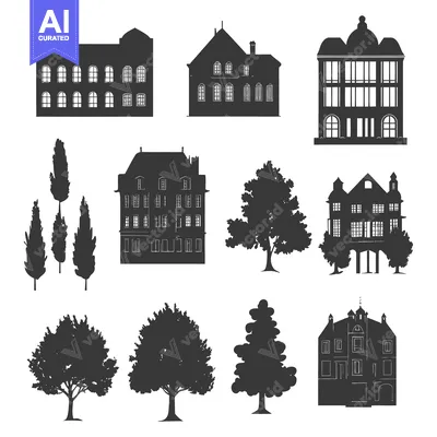 Premium design asset: Black Silhouettes of Buildings and Trees