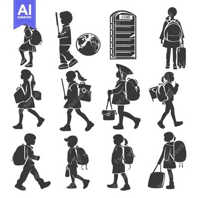 Aset premium populer: Black Silhouettes of Children with Backpacks and School Supplies