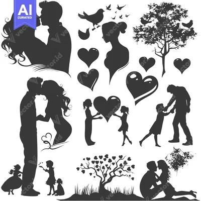 Popular premium asset: Black Silhouettes of Couples, Children, Trees, and Birds with Hearts