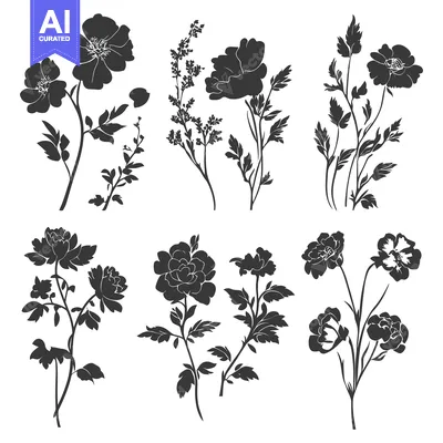 Black Silhouettes of Floral Arrangements with Flowers and Foliage