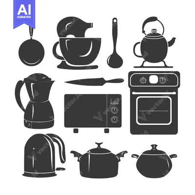 Aset desain premium: Black Silhouettes of Kitchen Appliances and Utensils