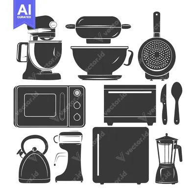 Aset desain premium: Black Silhouettes of Kitchen Appliances and Utensils