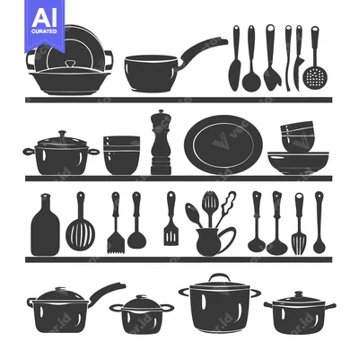 Aset desain premium: Black Silhouettes of Kitchenware on White Background
