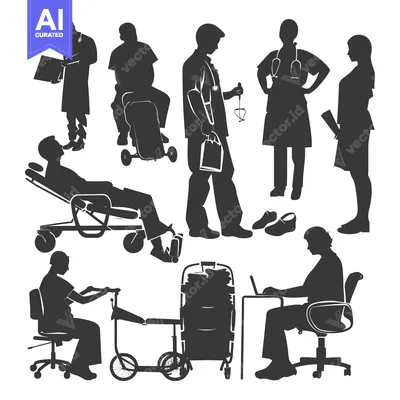 Aset premium populer: Black Silhouettes of Medical Professionals and Patients in a Hospital