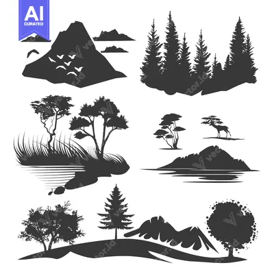 Aset premium populer: Black Silhouettes of Mountains, Trees, and Animals