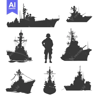 Aset premium populer: Black Silhouettes of Navy Ships and a Sailor