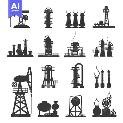 Aset desain premium: Black Silhouettes of Oil Refinery Equipment and Structures