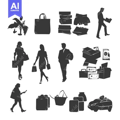 Aset desain premium: Black Silhouettes of People, Objects, and Money
