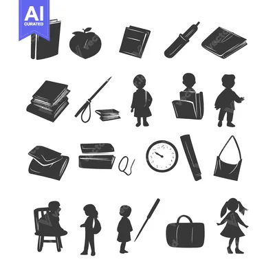 Aset desain premium: Black Silhouettes of School Supplies and Children