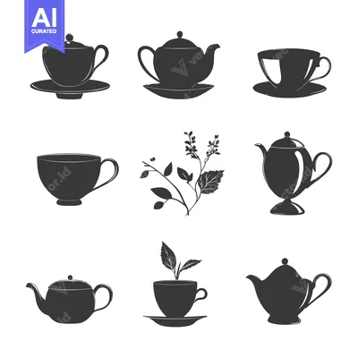 Aset premium populer: Black Silhouettes of Teacups, Teapots, and Leaves