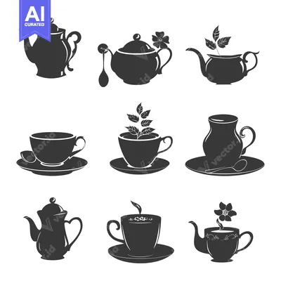 Aset premium populer: Black Silhouettes of Teapots and Teacups with Floral Details