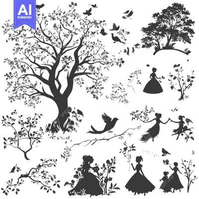 Aset desain premium: Black Silhouettes of Trees, Birds, and Women in a Garden Setting