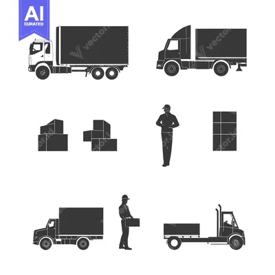 Aset desain premium: Black Silhouettes of Trucks, Workers, and Boxes