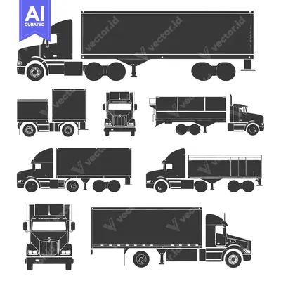 Black Silhouettes of Various Semi-Trucks and Trailers