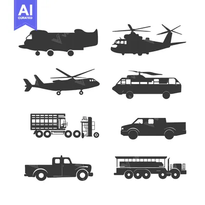 Aset desain premium: Black Silhouettes of Various Vehicles and Aircraft