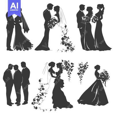 Premium design asset: Black Silhouettes of Wedding Couples and Bridesmaids