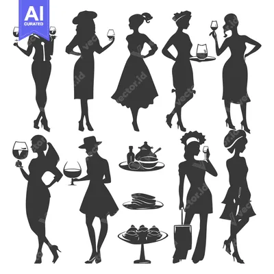 Popular premium asset: Black Silhouettes of Women Drinking Wine and Serving Food