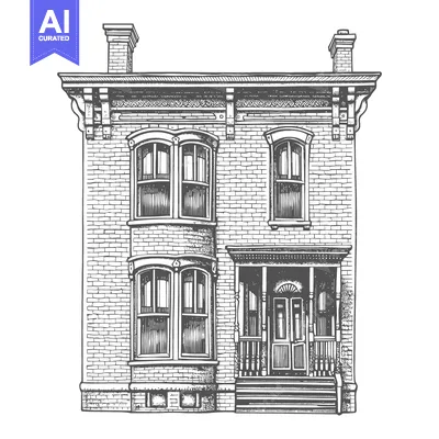 Aset desain premium: Victorian Brick House Architectural Drawing Illustration