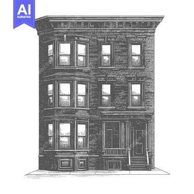 Aset desain premium: Three Story Brick Building Cityscape Architectural Drawing