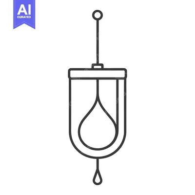 A monochrome illustration of a hanging medical drip device
