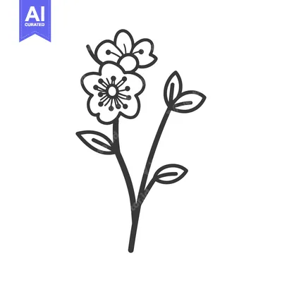 Aset desain premium: A simple black and white illustration of delicate flower and leaves
