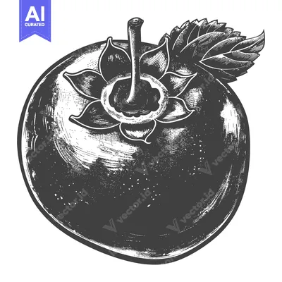 Aset desain premium: A Detailed Ink Drawing Of A Single Persimmon Fruit