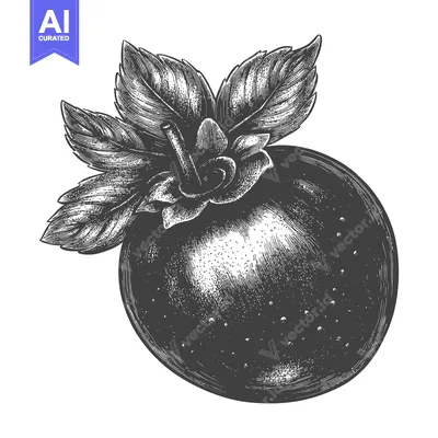 Premium design asset: Black and white illustration of a persimmon fruit with leaves