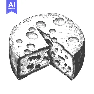 Aset desain premium: A wheel of cheese is sliced showing its holes