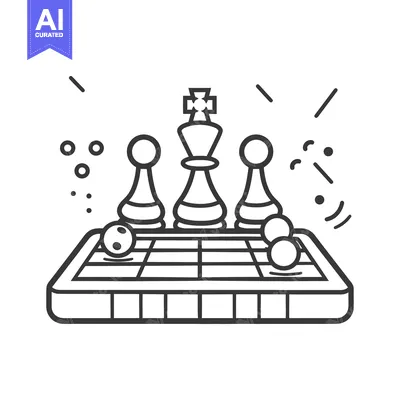 Aset premium populer: A simplified monochrome illustration depicts chess pieces on a chessbo