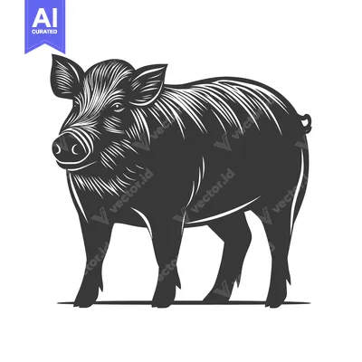 Aset premium populer: A striking black and white illustration of a wild boar
