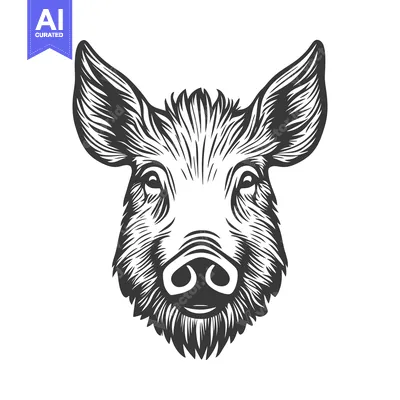 Aset desain premium: Detailed black and white illustration of a wild boar head