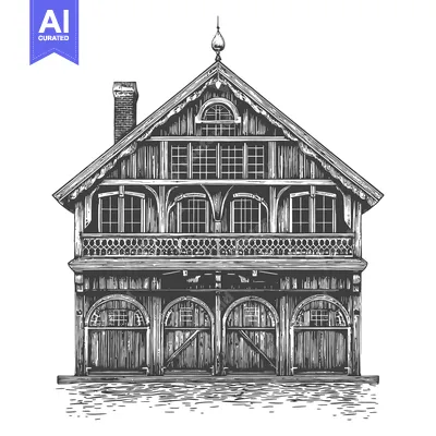 Aset premium populer: A Detailed Drawing Of An Old Wooden Boat House