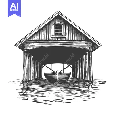 Wooden Boat House on Water A Calm Scene